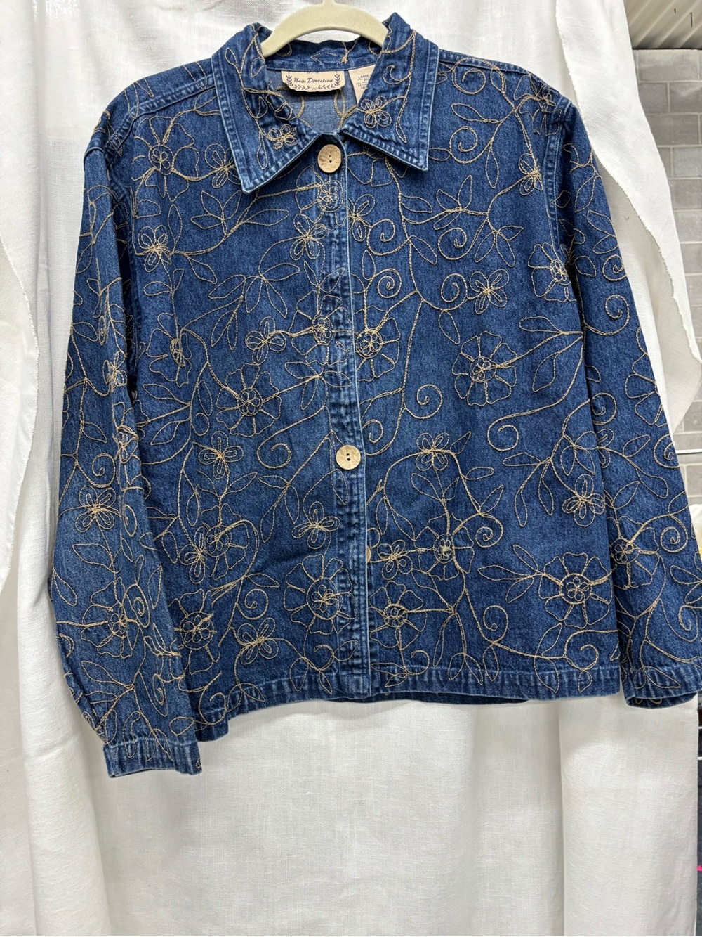 new directions Dark Blue Denim Jacket with Tan Floral Stitching